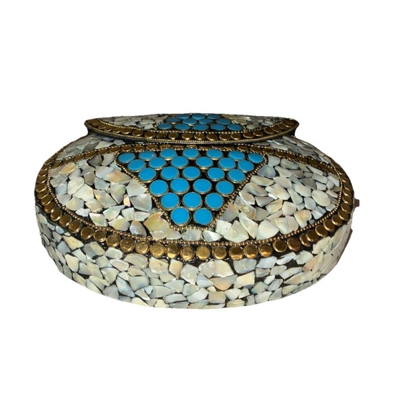 Ramla Porte-Moi Clutch Moroccan Mosaic Pearl/Turquoise Gold‎ Handmade NEW
